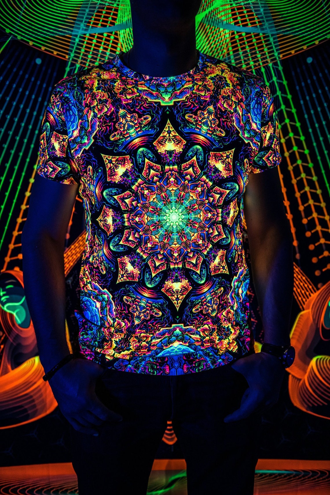Goa Trance Rave Outfit Master of Portals, UV Psychedelic Festival T-Shirt - Image 1