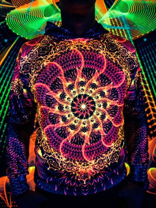 Psychedelic Festival Clothes Agni, UV Rave Outfit, Full Print Hoodie - Image 1
