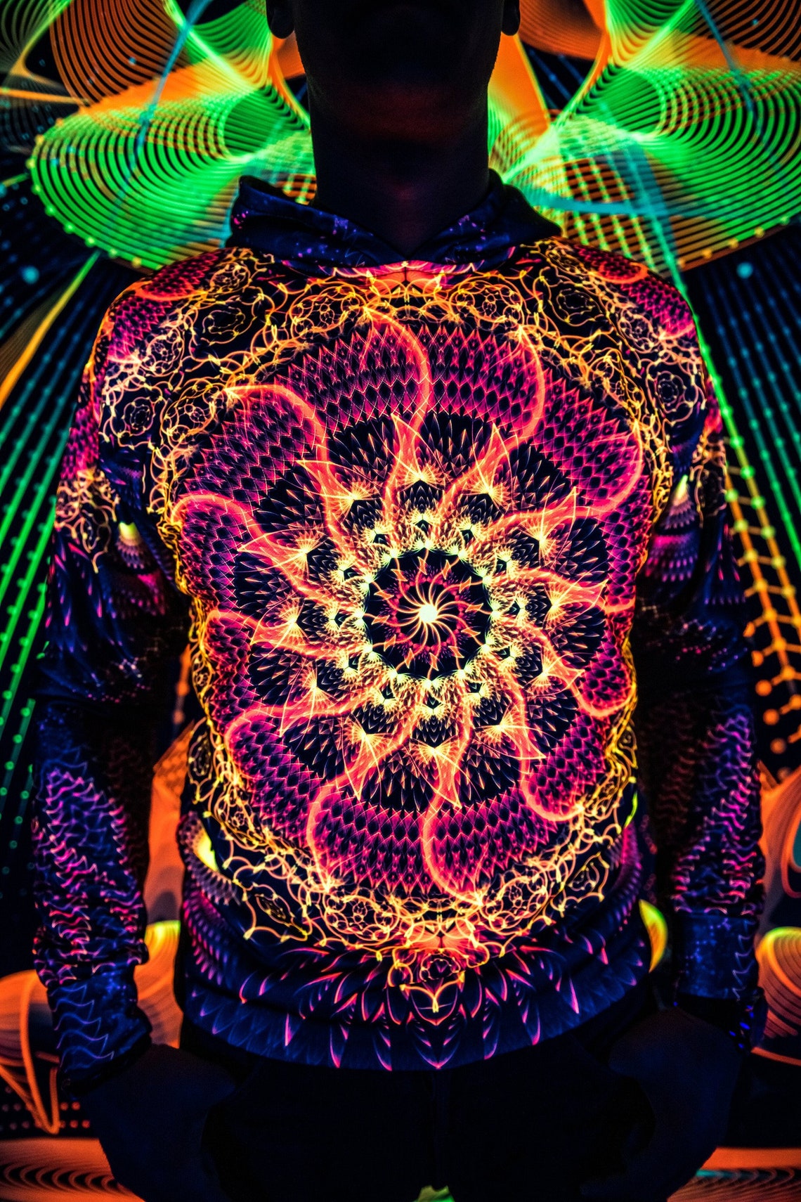 Psychedelic Festival Clothes Agni, UV Rave Outfit, Full Print Hoodie - Image 1