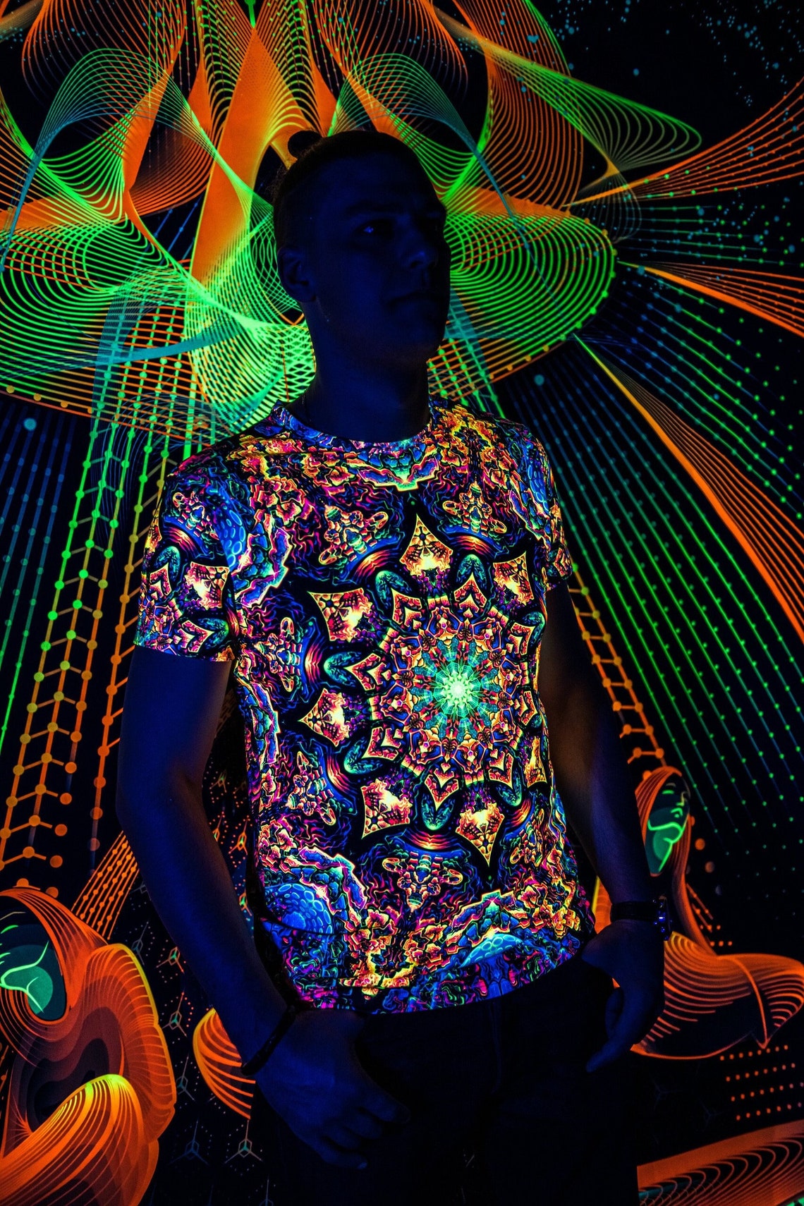 Goa Trance Rave Outfit Master of Portals, UV Psychedelic Festival T-Shirt - Image 2