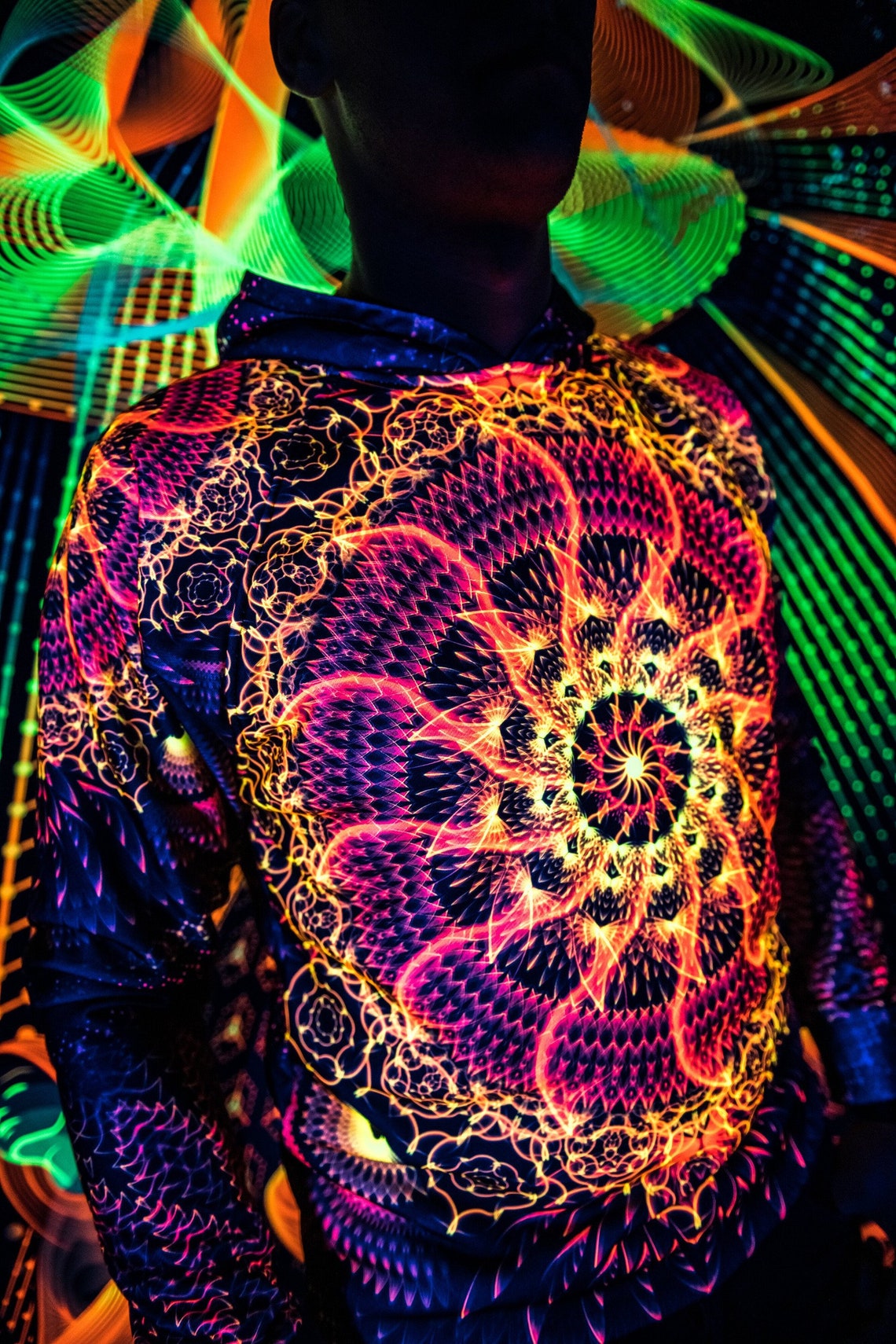 Psychedelic Festival Clothes Agni, UV Rave Outfit, Full Print Hoodie - Image 2