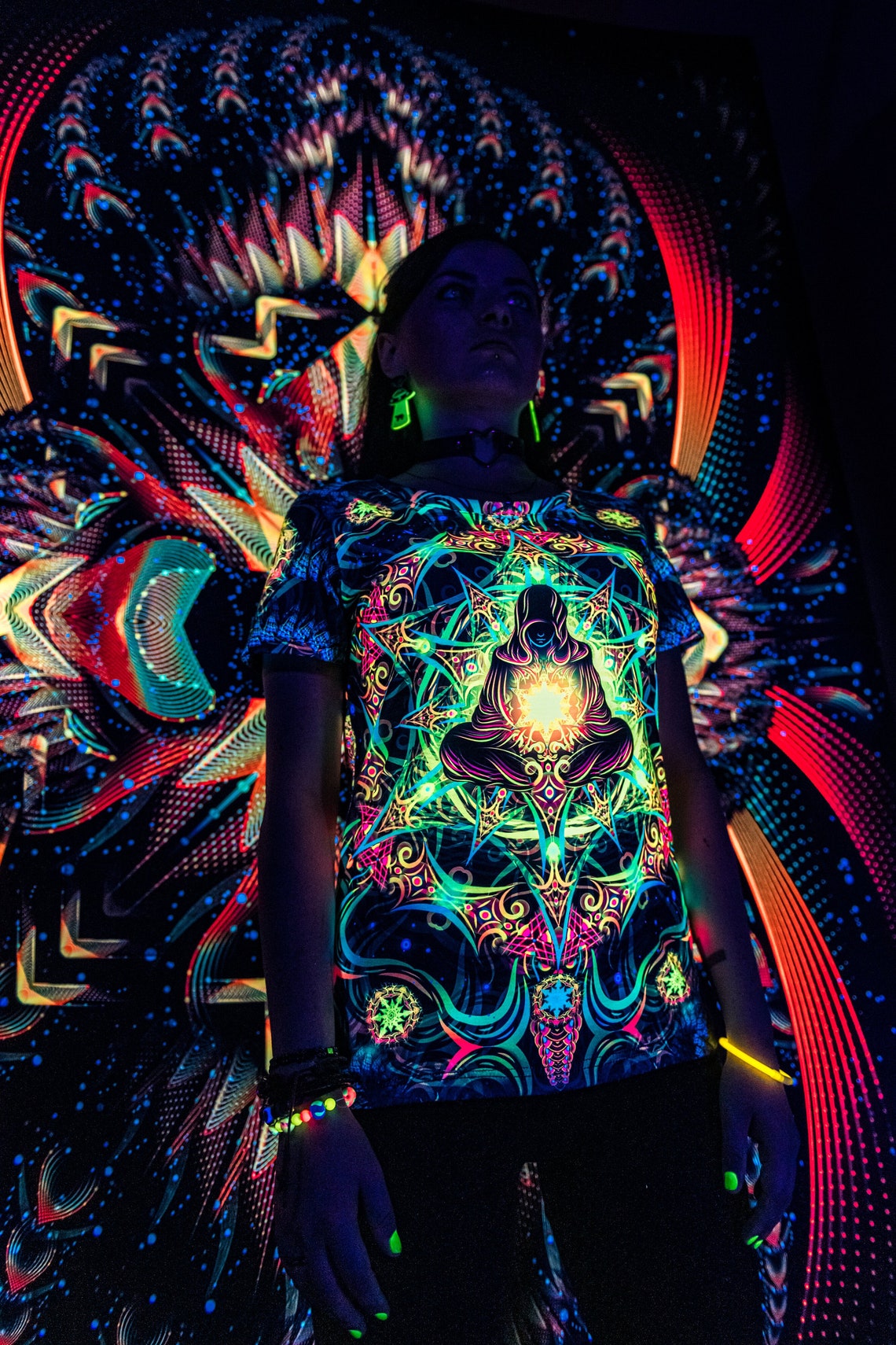 Psychedelic Festival Clothes Reincarnation 2.0, UV Rave Outfit, Full Print T-Shirt - Image 2