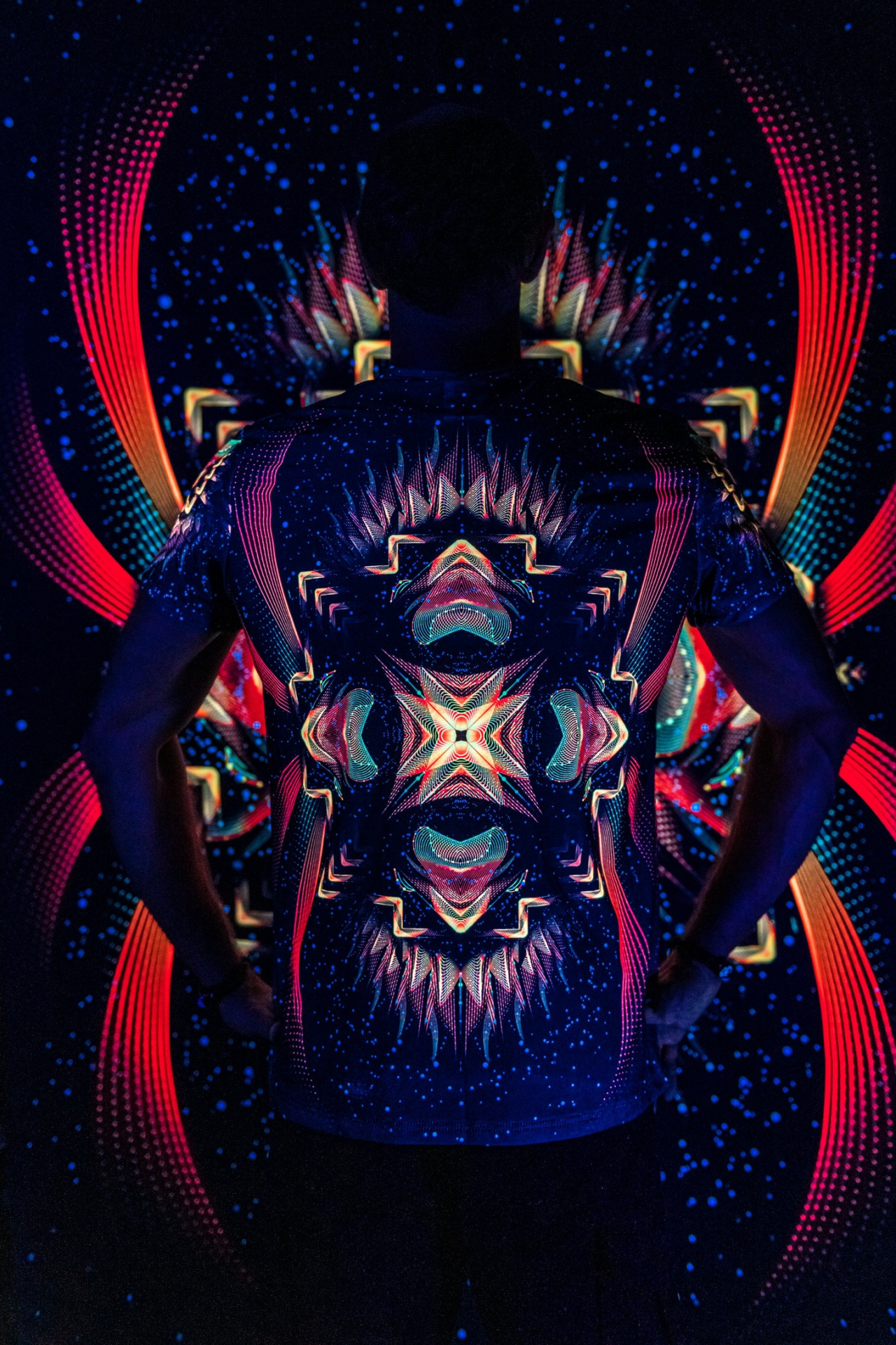 Goa Rave Outfit Star Temple, Psychedelic Full Print UV T-Shirt - Image 2