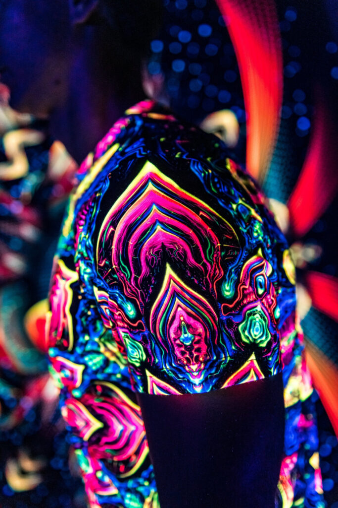 Black t-shirt Impressive Awakening, UV rave outfit, full print