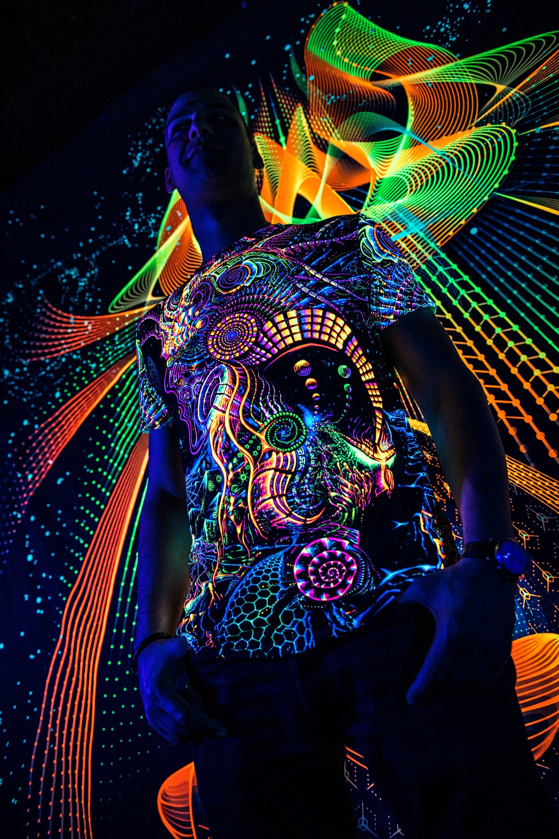 UV Rave Clothing Fluororunner, Festival Outfit, Psychedelic Full Print - Image 3