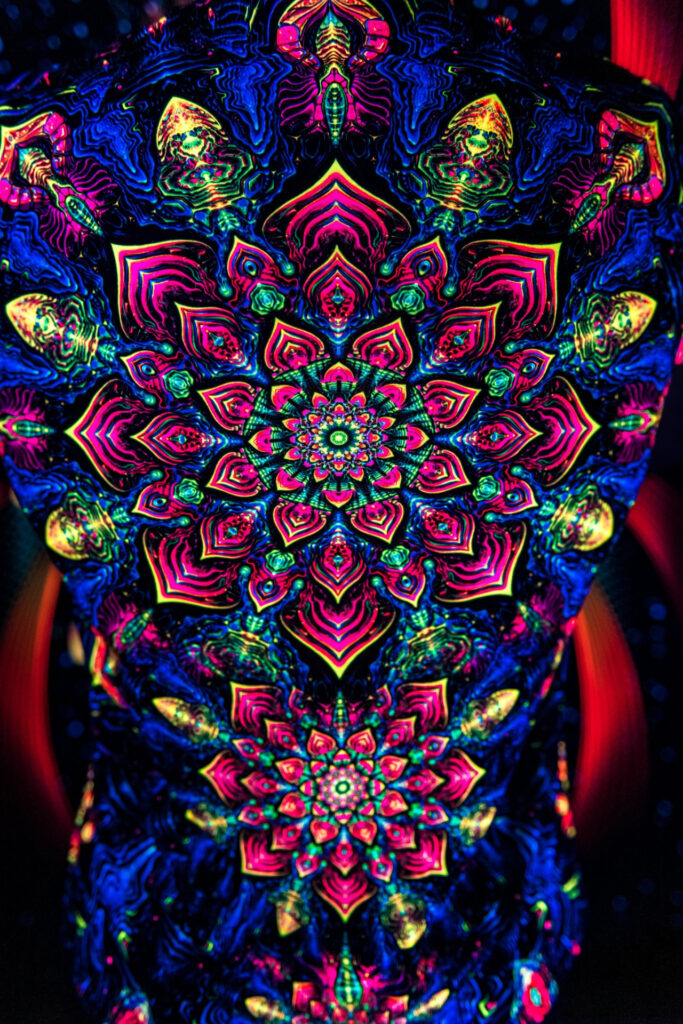 Black t-shirt Impressive Awakening, UV rave outfit, full print