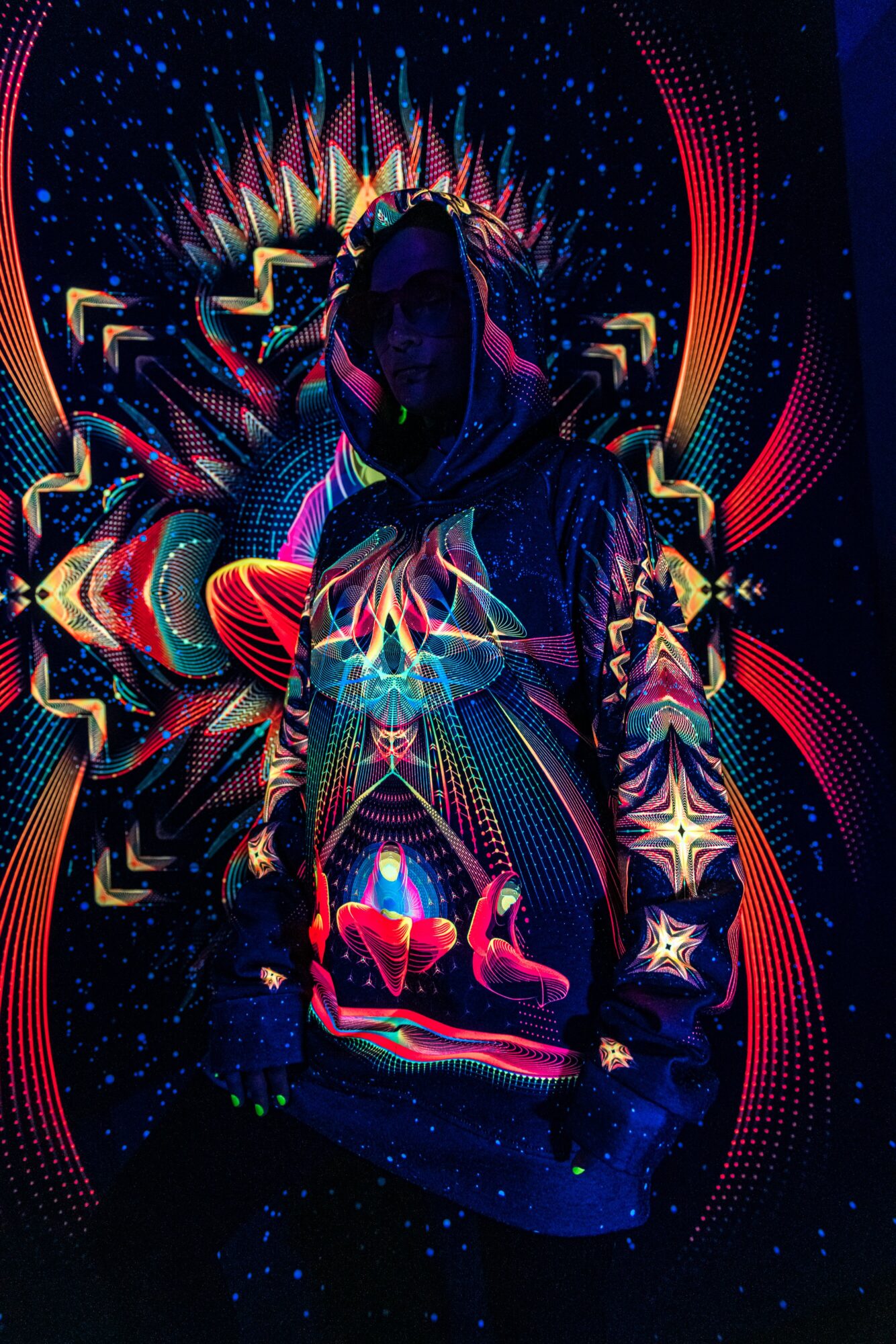 UV Rave T-Shirt Star Temple, Psychedelic Festival Outfit, Full Print Hoodie