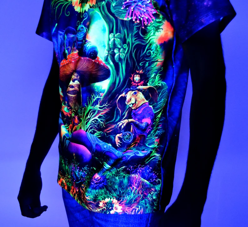 Psychedelic Rave Clothes Alice in Wonderland, UV Active Festival T-Shirt