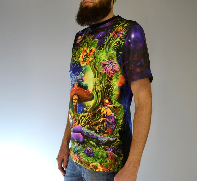 Psychedelic Rave Clothes Alice in Wonderland, UV Active Festival T-Shirt