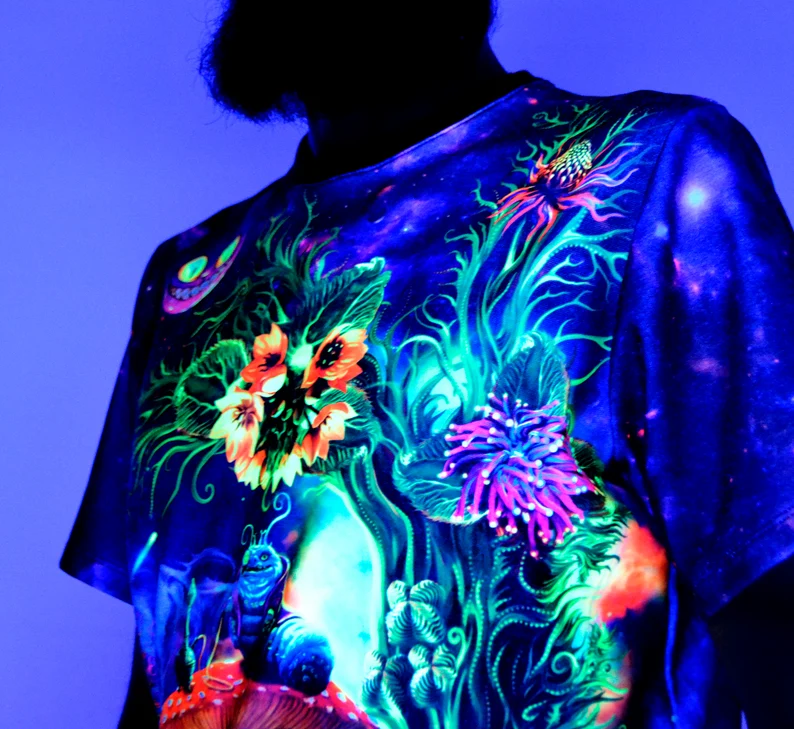 Psychedelic Rave Clothes Alice in Wonderland, UV Active Festival T-Shirt