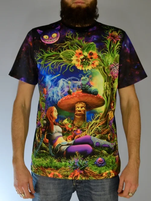 Psychedelic Rave Clothes Alice in Wonderland, UV Active Festival T-Shirt - Image 1