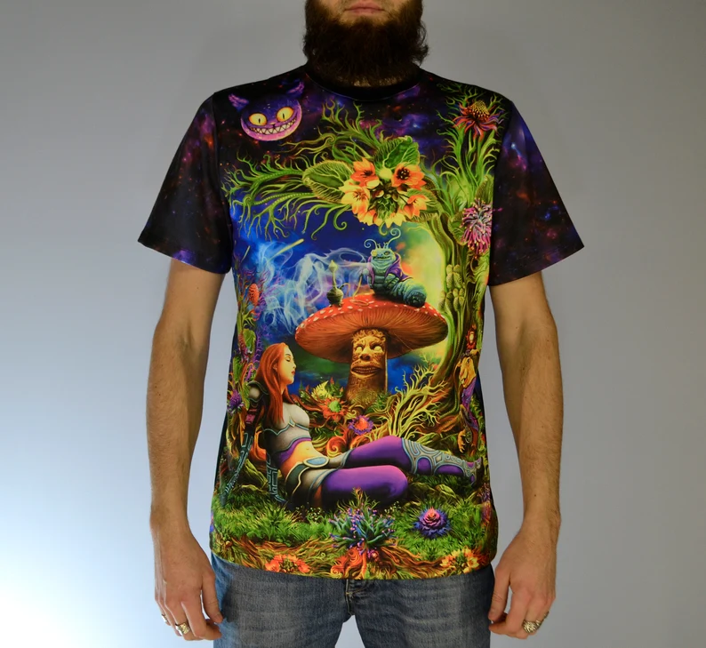 Psychedelic Rave Clothes Alice in Wonderland, UV Active Festival T-Shirt