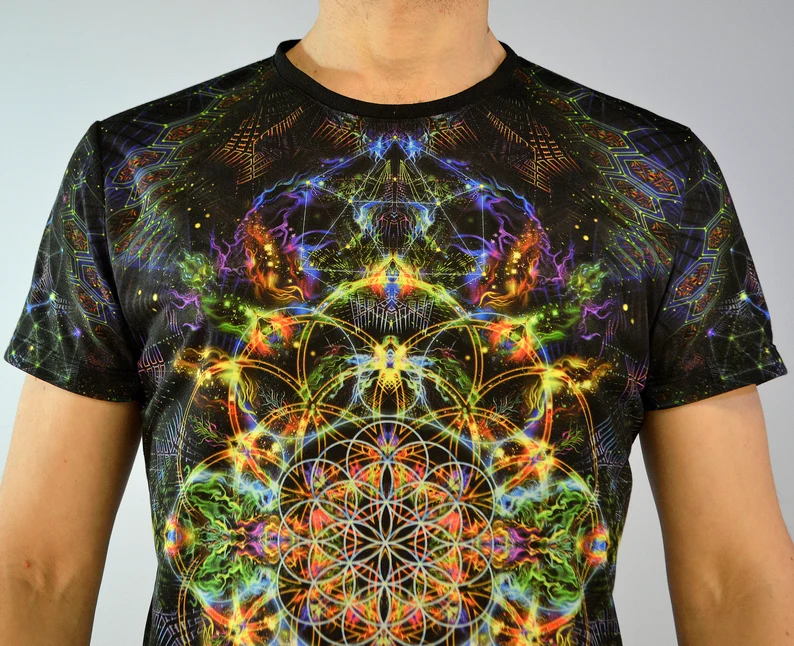 UV Rave T-Shirt Flower of Life, Psychedelic Festival Outfit, Full Print