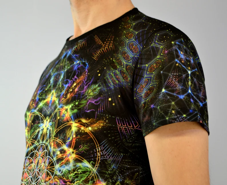 UV Rave T-Shirt Flower of Life, Psychedelic Festival Outfit, Full Print
