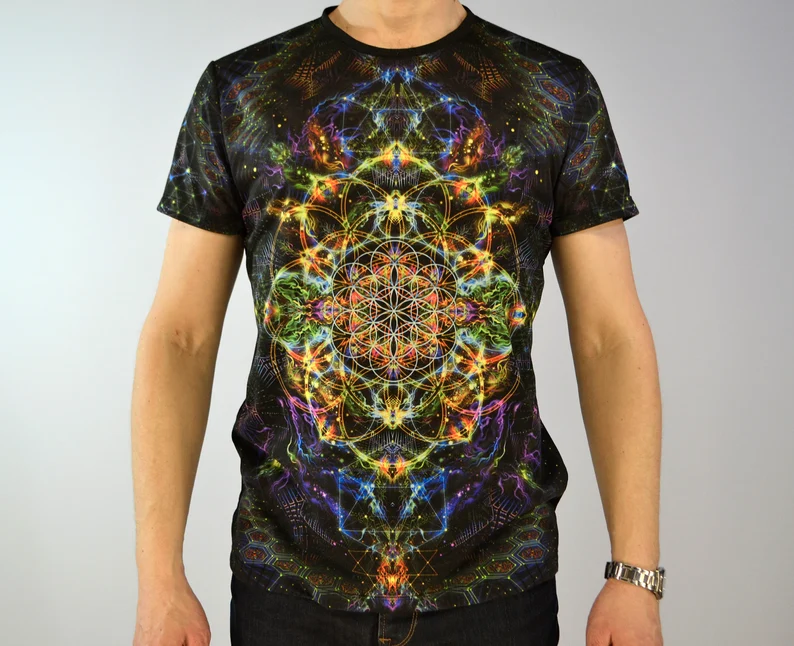 UV Rave T-Shirt Flower of Life, Psychedelic Festival Outfit, Full Print