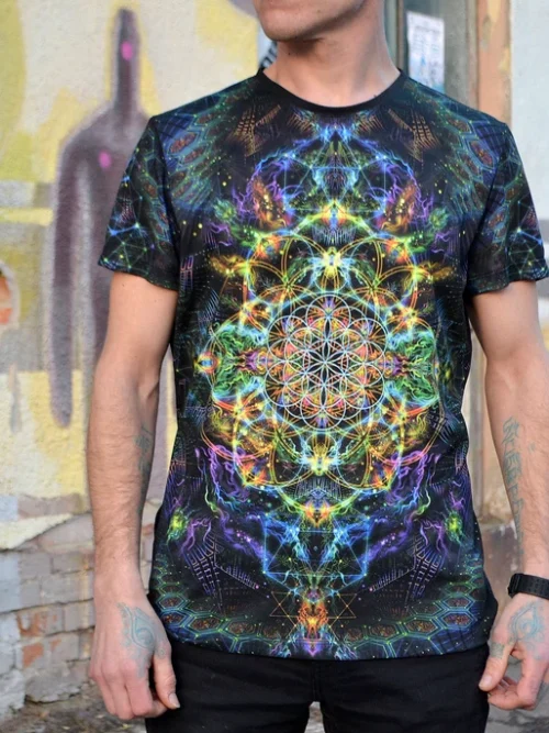 UV Rave T-Shirt Flower of Life, Psychedelic Festival Outfit, Full Print - Image 1