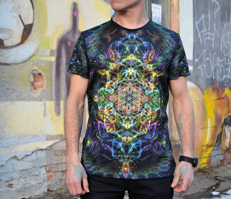 UV Rave T-Shirt Flower of Life, Psychedelic Festival Outfit, Full Print