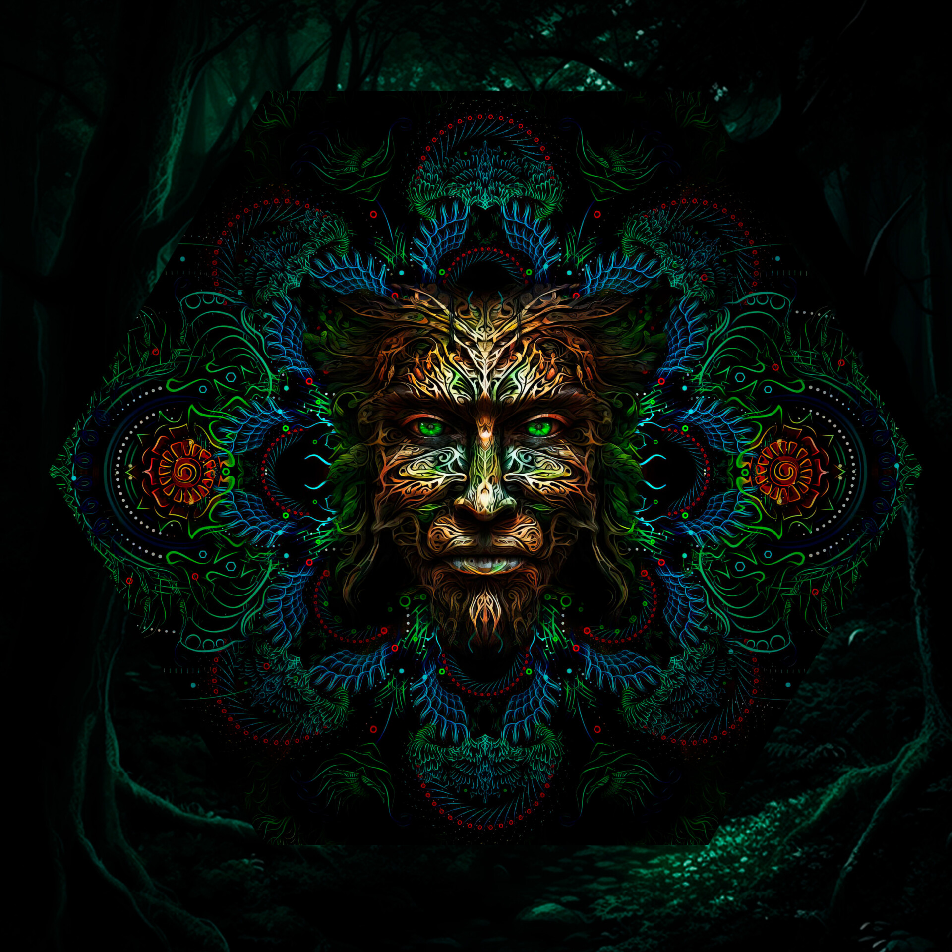 Forest Spirit – UV-Hexagon – 01 – Psychedelic UV-Reactive Element – Ceiling Decoration - Image 1