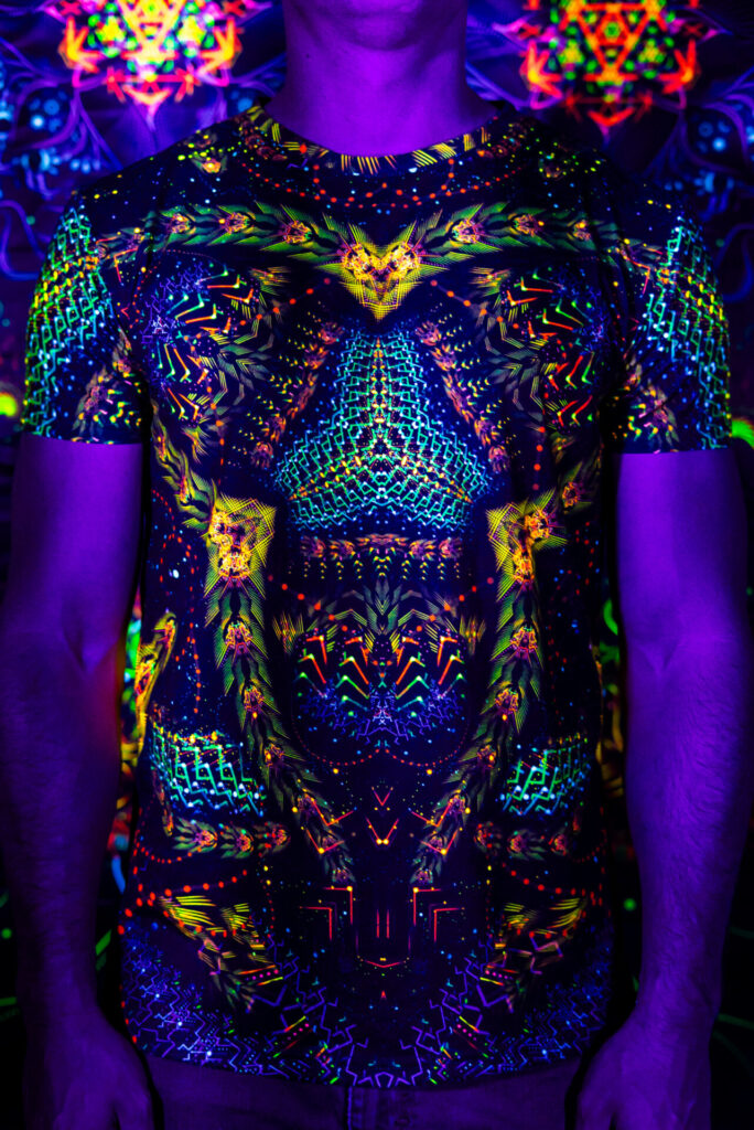 Black t-shirt Cosmic Snakes, UV rave outfit, full print