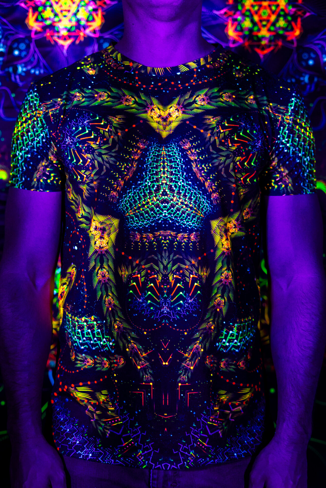Black t-shirt Cosmic Snakes, UV rave outfit, full print - Image 1