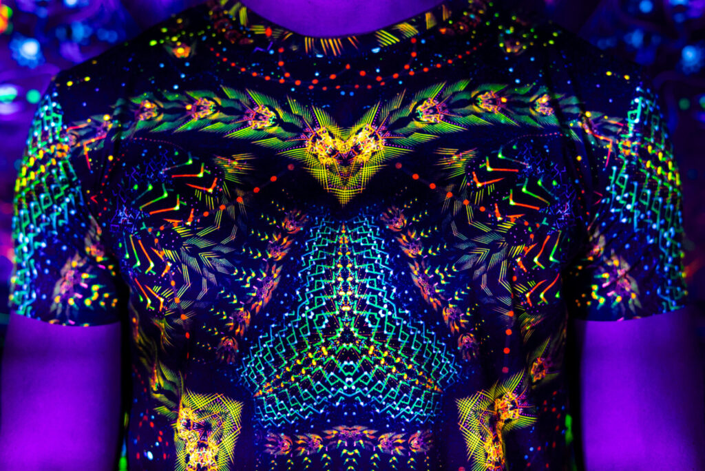 Black t-shirt Cosmic Snakes, UV rave outfit, full print