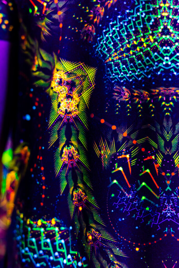 Black t-shirt Cosmic Snakes, UV rave outfit, full print