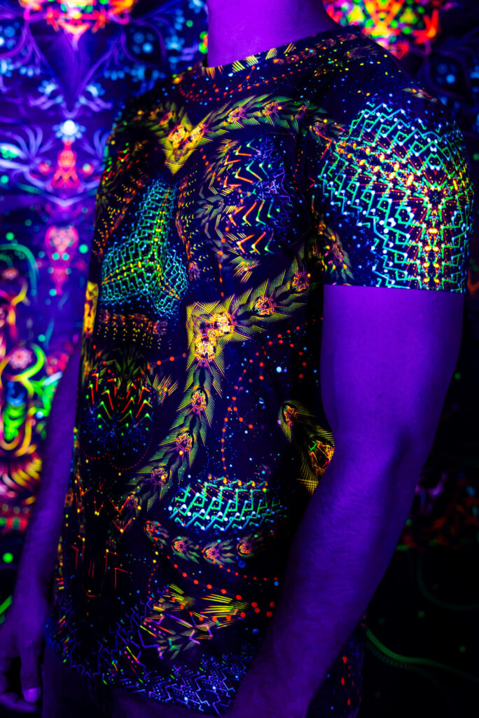 Black t-shirt Cosmic Snakes, UV rave outfit, full print