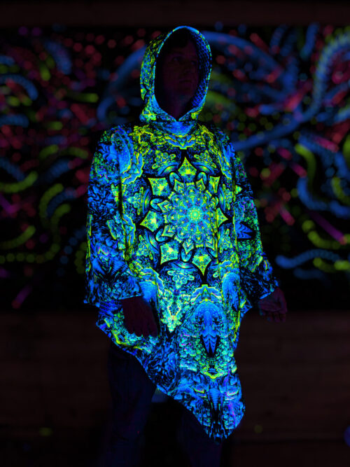 Psychedelic Rave Outfit Quantum Green, UV Festival Clothing, Full Print Poncho - Image 1