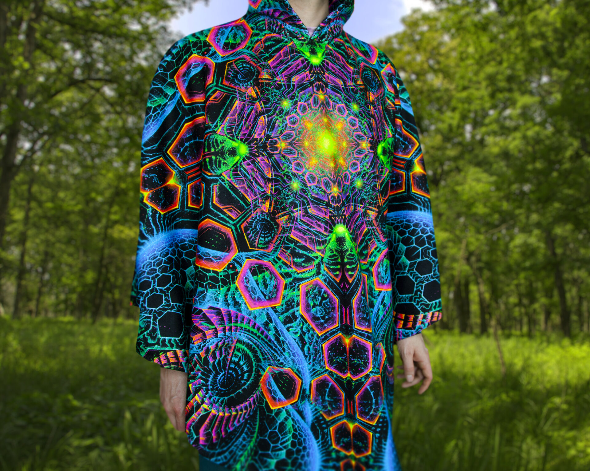 UV Festival Clothing Energy, Psychedelic Rave Outfit, Fluorescent Poncho - Image 9