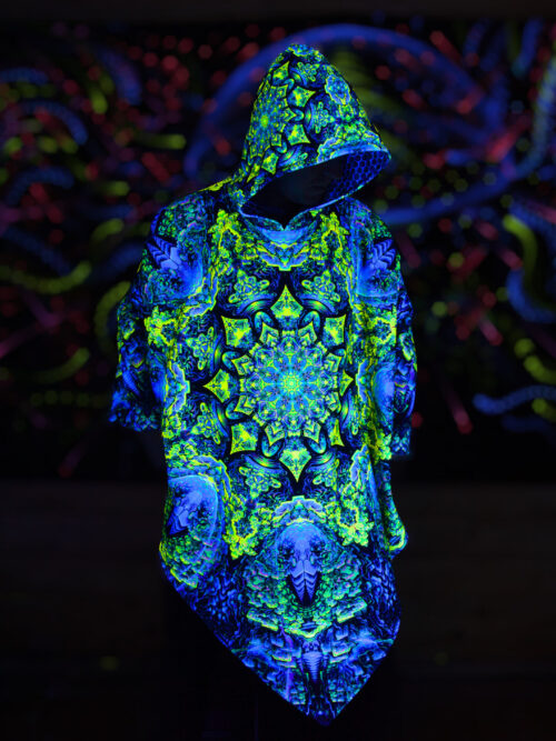 Psychedelic Rave Outfit Quantum Green, UV Festival Clothing, Full Print Poncho - Image 8