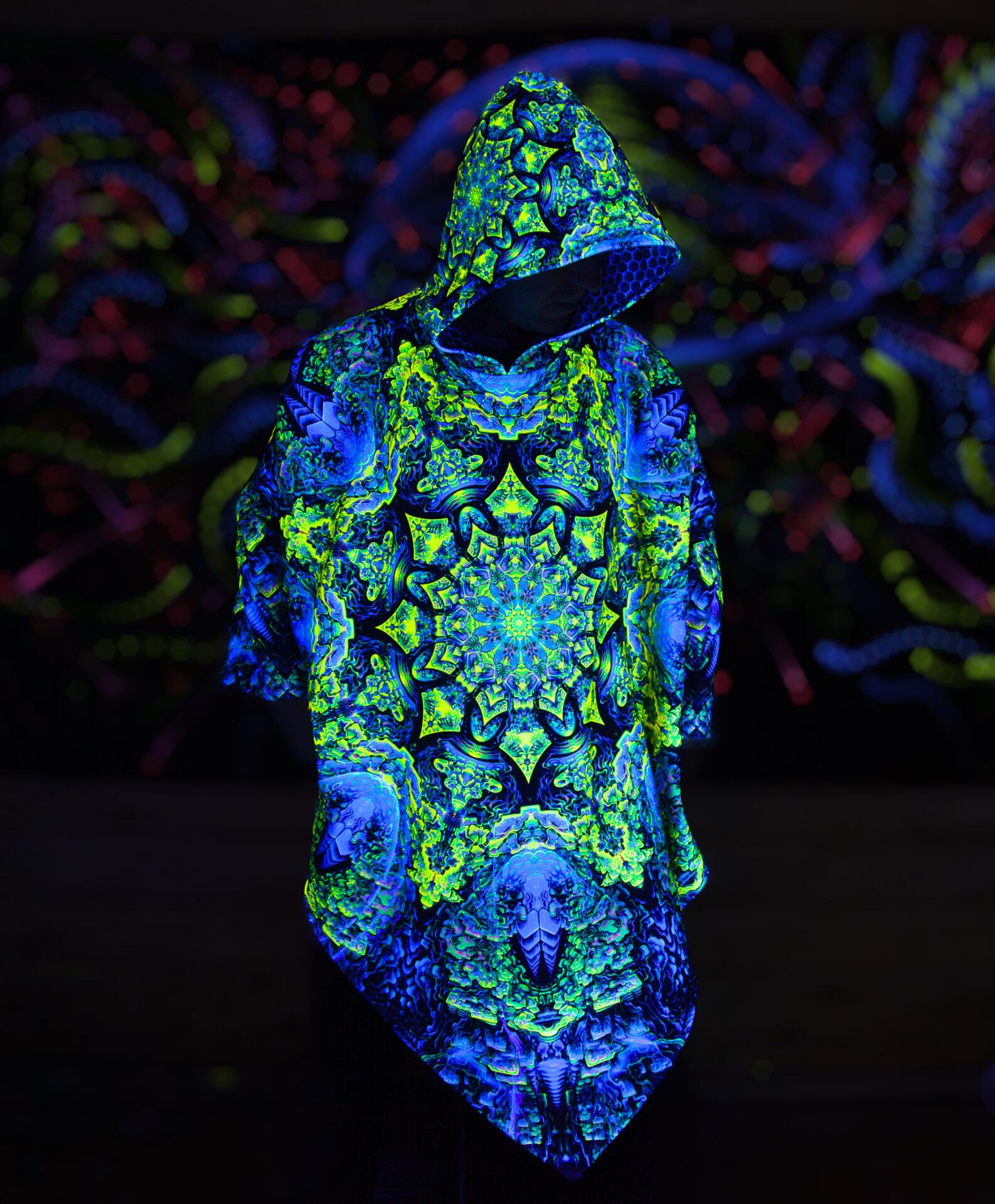 Psychedelic Rave Outfit Quantum Green, UV Festival Clothing, Full Print Poncho - Image 8