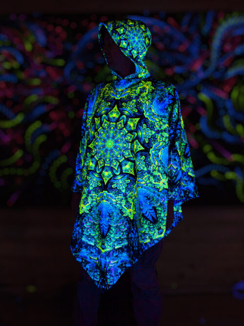 Psychedelic Rave Outfit Quantum Green, UV Festival Clothing, Full Print Poncho - Image 2