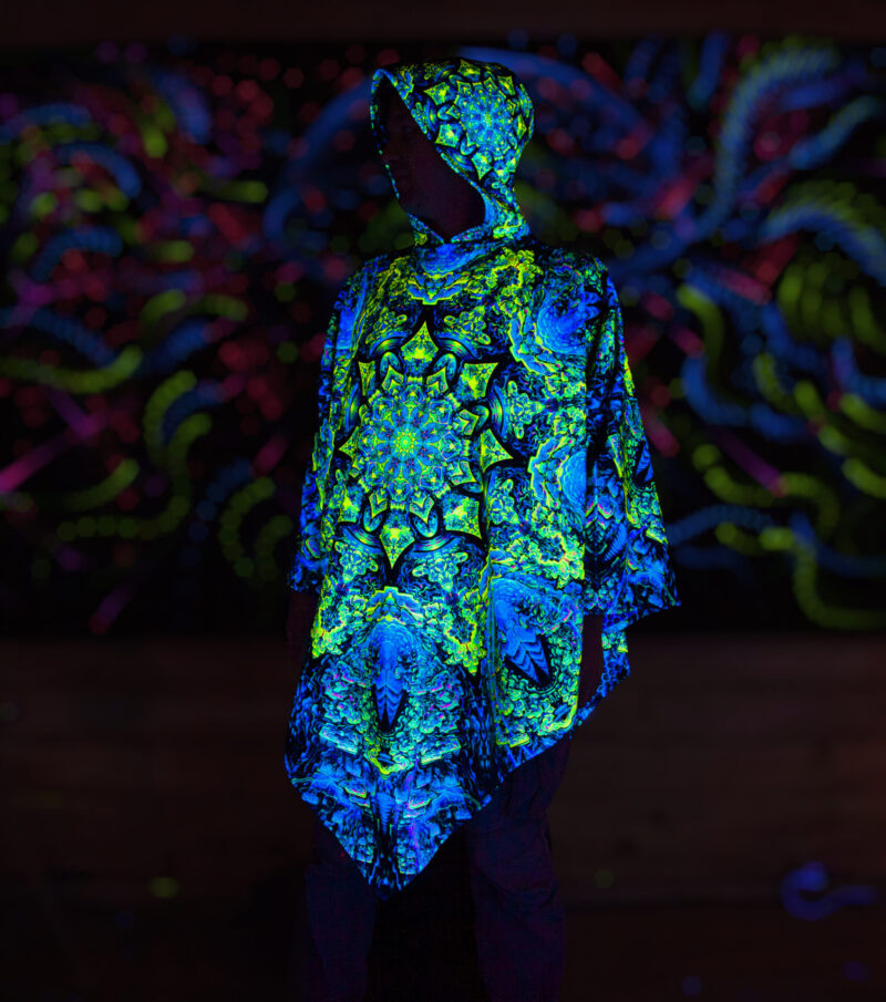 Psychedelic Rave Outfit Quantum Green, UV Festival Clothing, Full Print Poncho - Image 2