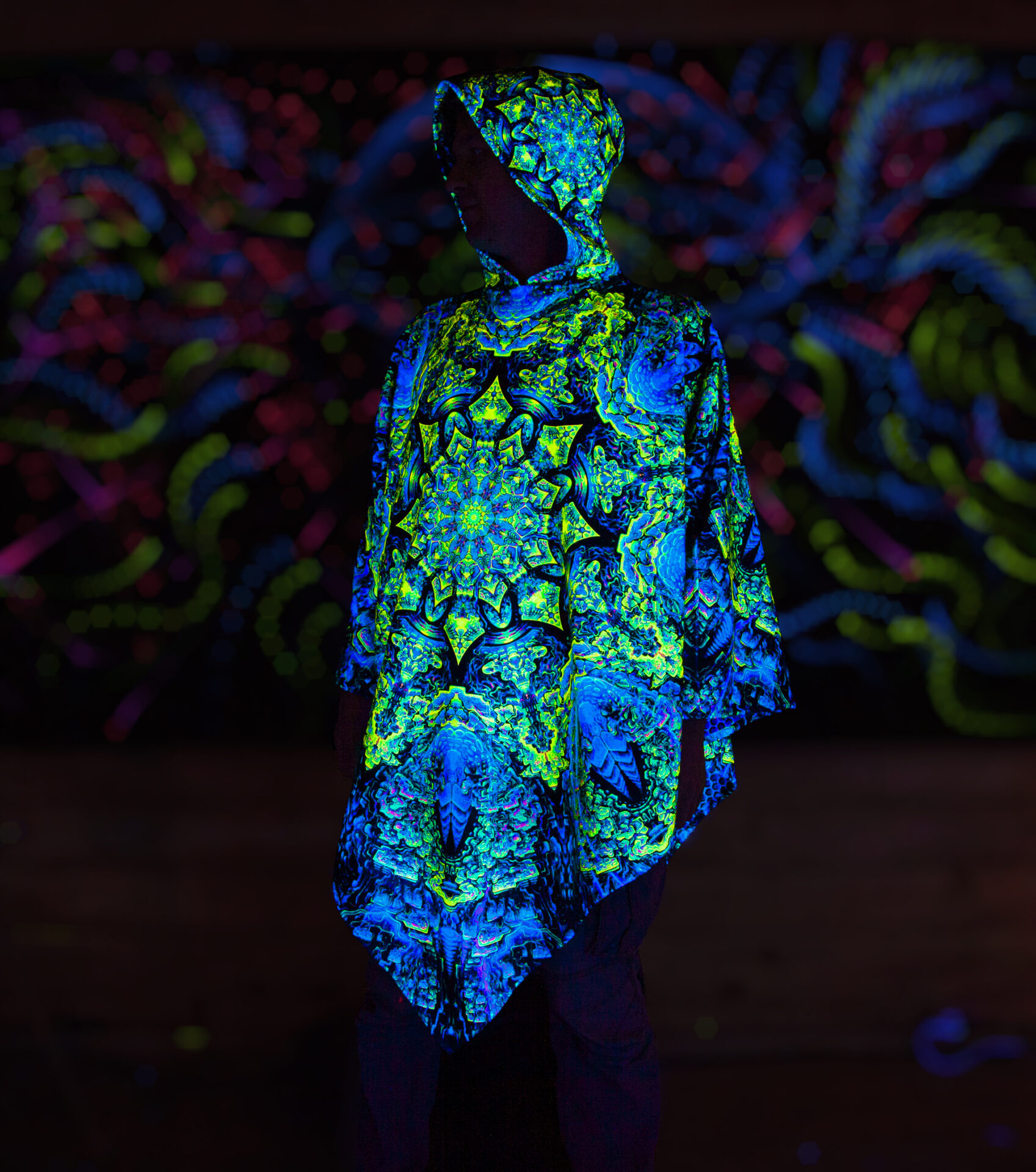 Psychedelic Rave Outfit Quantum Green, UV Festival Clothing, Full Print Poncho - Image 2