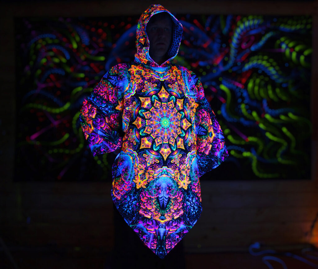 Festival Outfit Quntum Particler, UV Active Psychedelic Clothing, Full Print Poncho