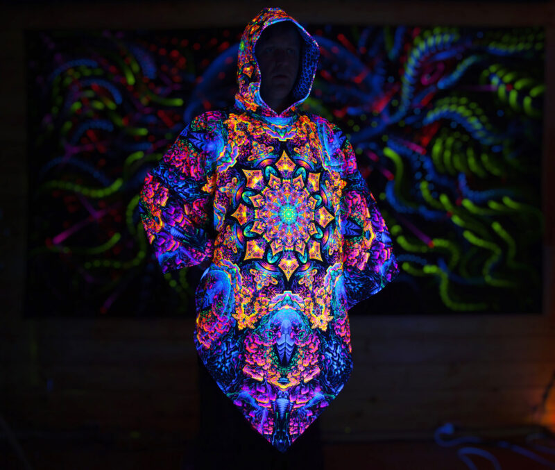 Festival Outfit Quntum Particler, UV Active Psychedelic Clothing, Full Print Poncho - Image 3