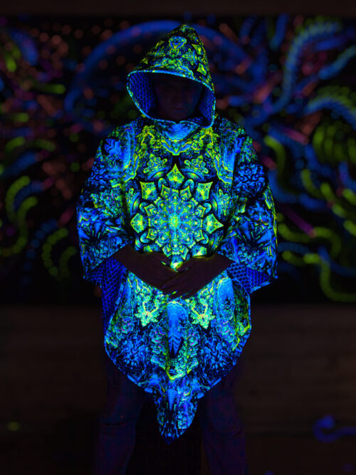Psychedelic Rave Outfit Quantum Green, UV Festival Clothing, Full Print Poncho - Image 3