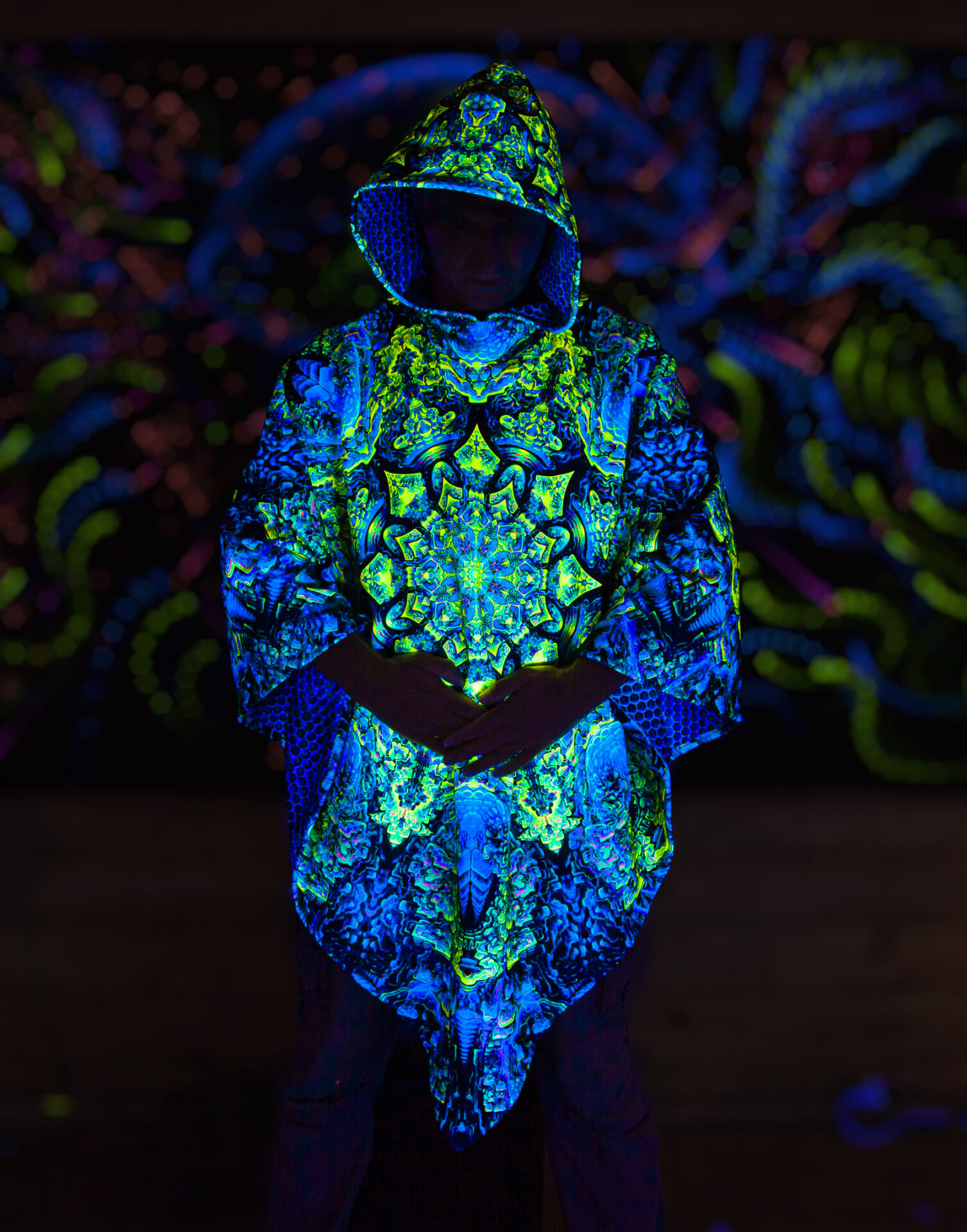 Psychedelic Rave Outfit Quantum Green, UV Festival Clothing, Full Print Poncho - Image 3
