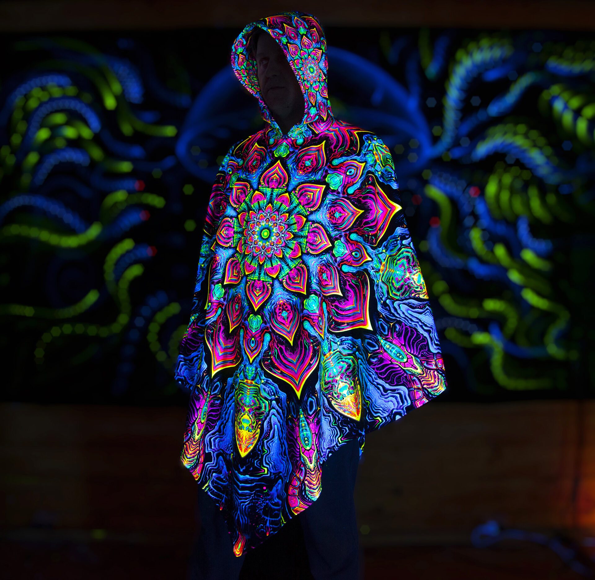 Rave Clothing Mandala, UV Fluorescent Festival Outfit, Psychedelic Poncho - Image 3