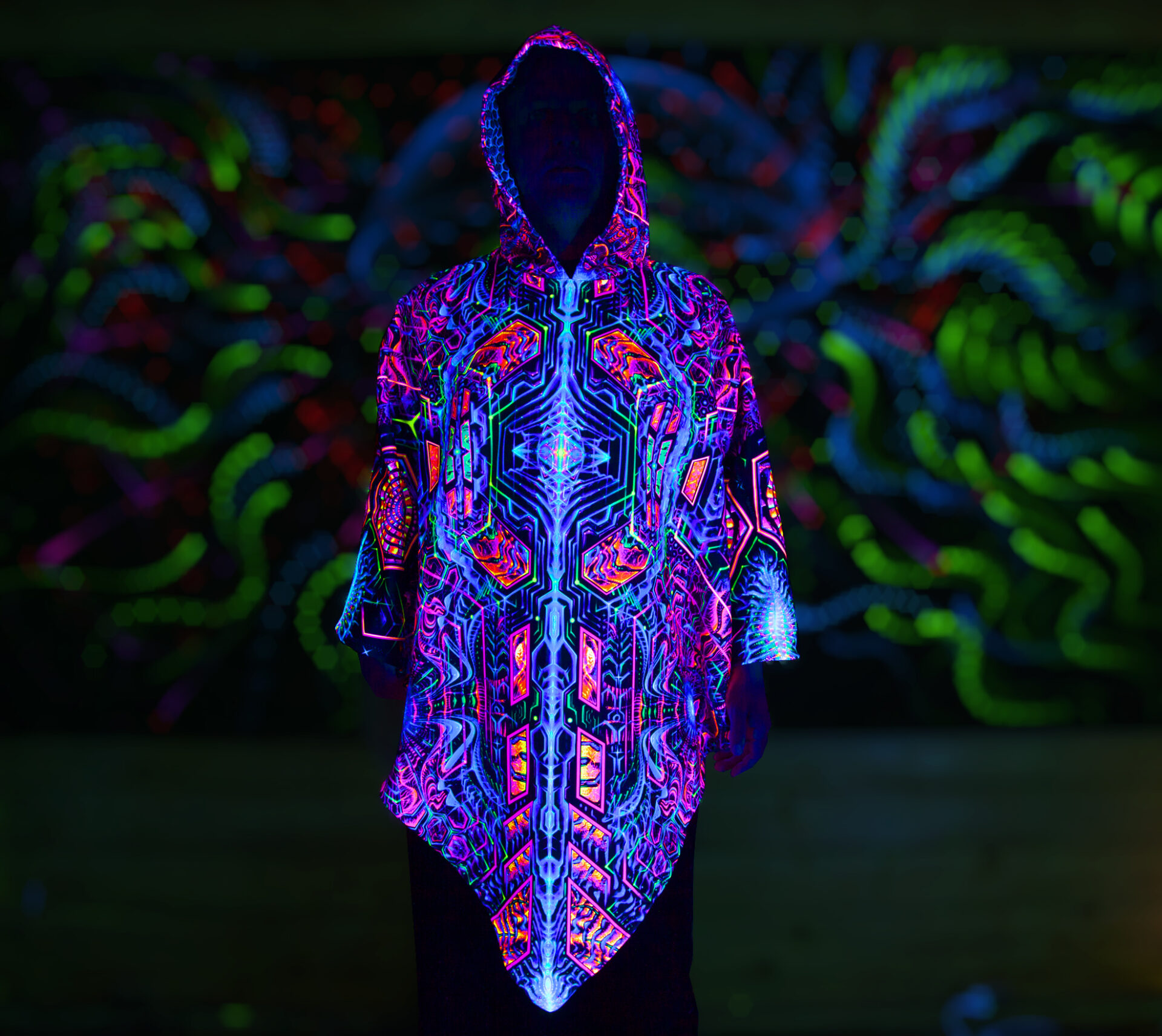 Psychedelic Festival Clothing Exo, UV Rave Outfit, Full Print Poncho - Image 3