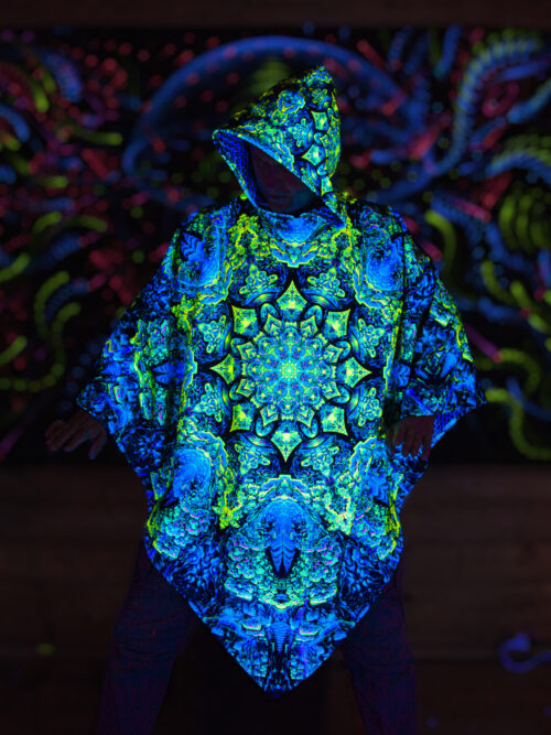 Psychedelic Rave Outfit Quantum Green, UV Festival Clothing, Full Print Poncho - Image 4