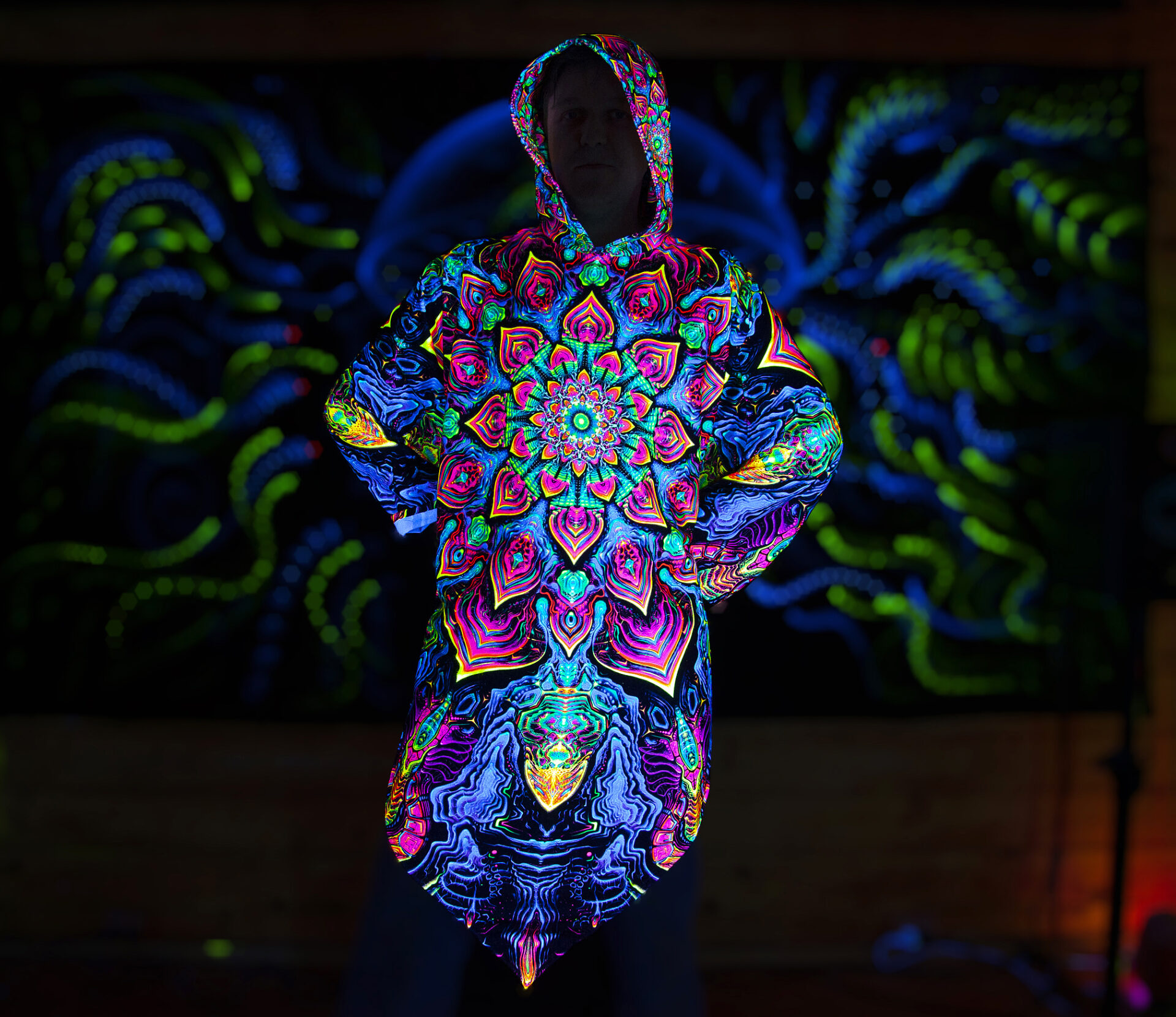Rave Clothing Mandala, UV Fluorescent Festival Outfit, Psychedelic Poncho - Image 4