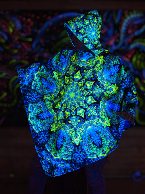Psychedelic Rave Outfit Quantum Green, UV Festival Clothing, Full Print Poncho - Image 5