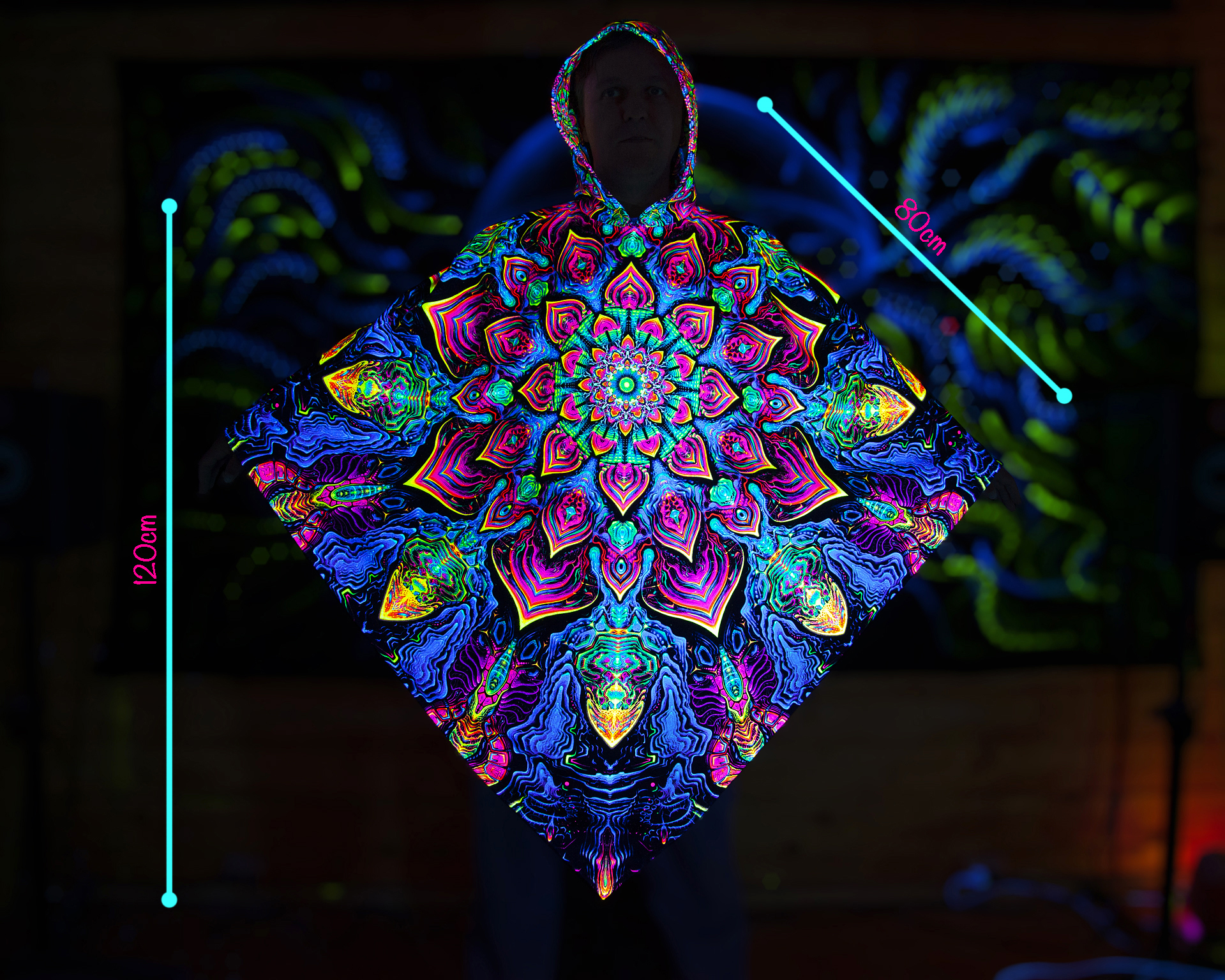 Rave Clothing Mandala, UV Fluorescent Festival Outfit, Psychedelic Poncho - Image 5