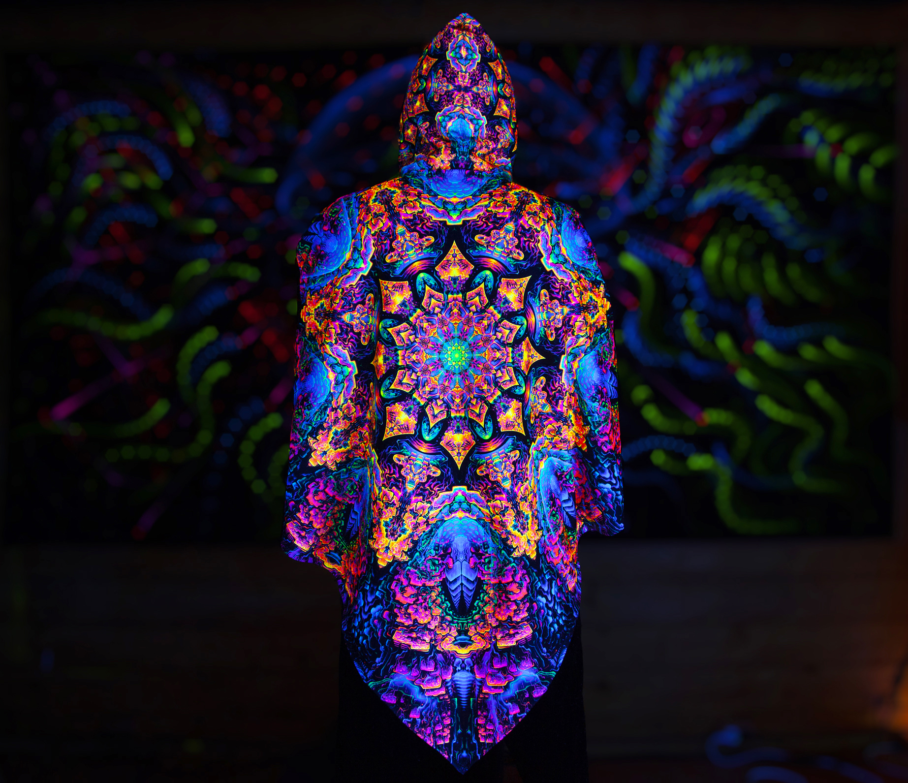 Festival Outfit Quntum Particler, UV Active Psychedelic Clothing, Full Print Poncho - Image 5