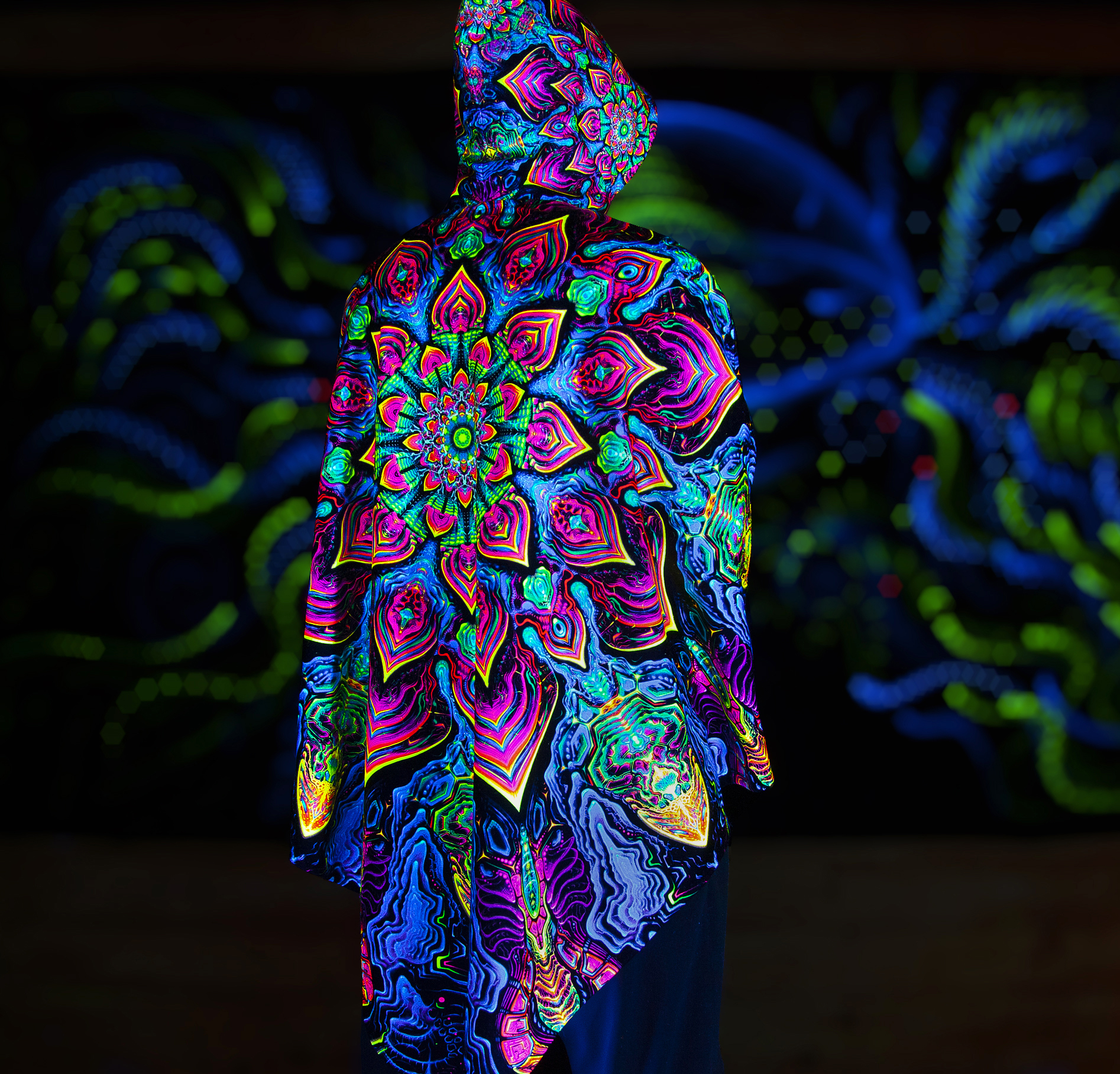 Rave Clothing Mandala, UV Fluorescent Festival Outfit, Psychedelic Poncho - Image 6