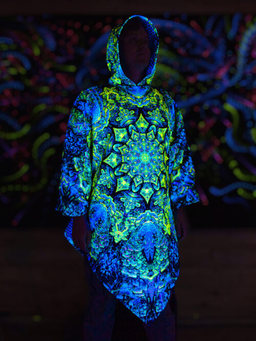 Psychedelic Rave Outfit Quantum Green, UV Festival Clothing, Full Print Poncho - Image 6