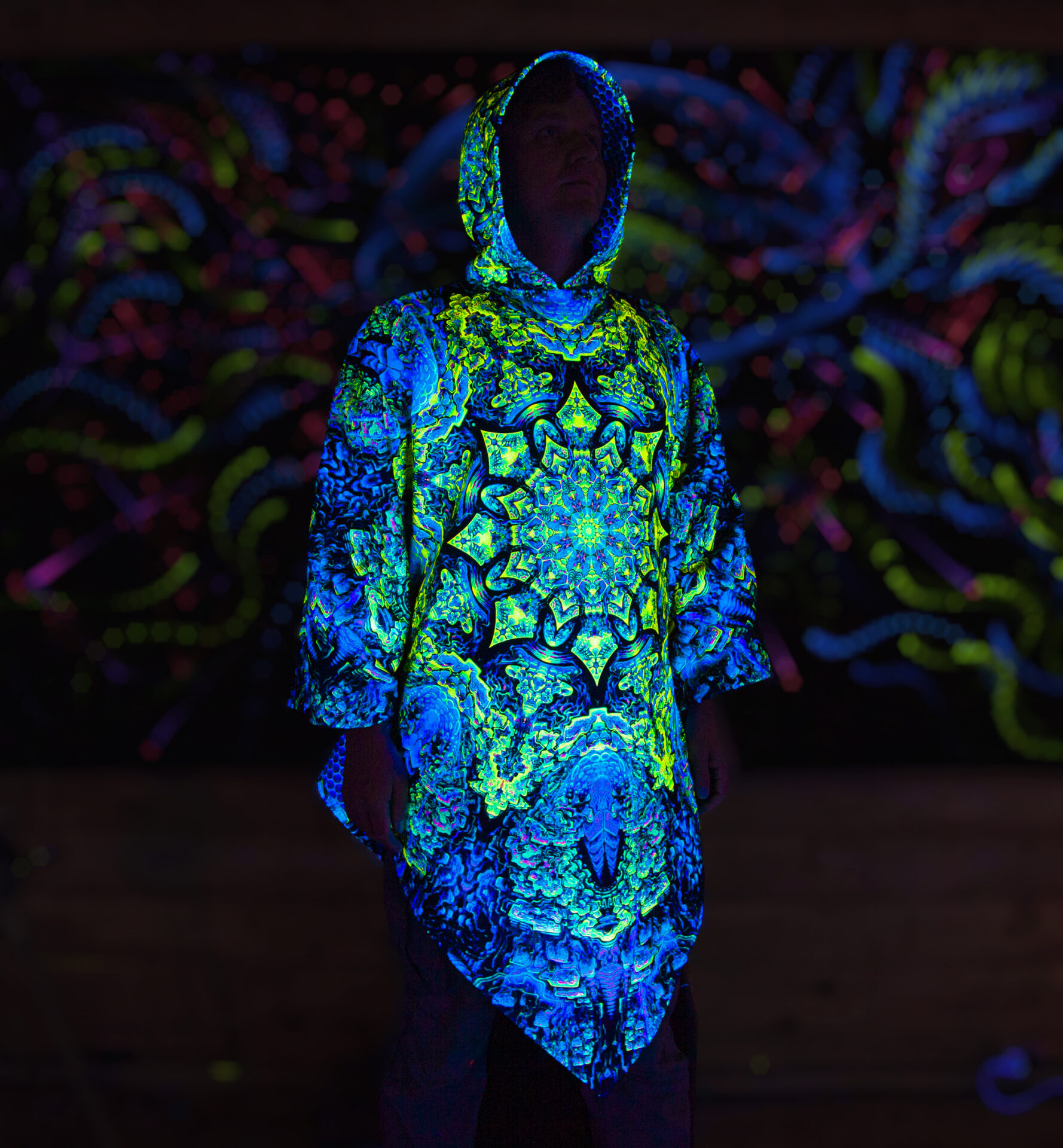 Psychedelic Rave Outfit Quantum Green, UV Festival Clothing, Full Print Poncho - Image 6