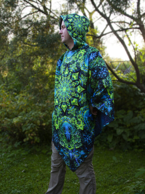 Psychedelic Rave Outfit Quantum Green, UV Festival Clothing, Full Print Poncho - Image 7