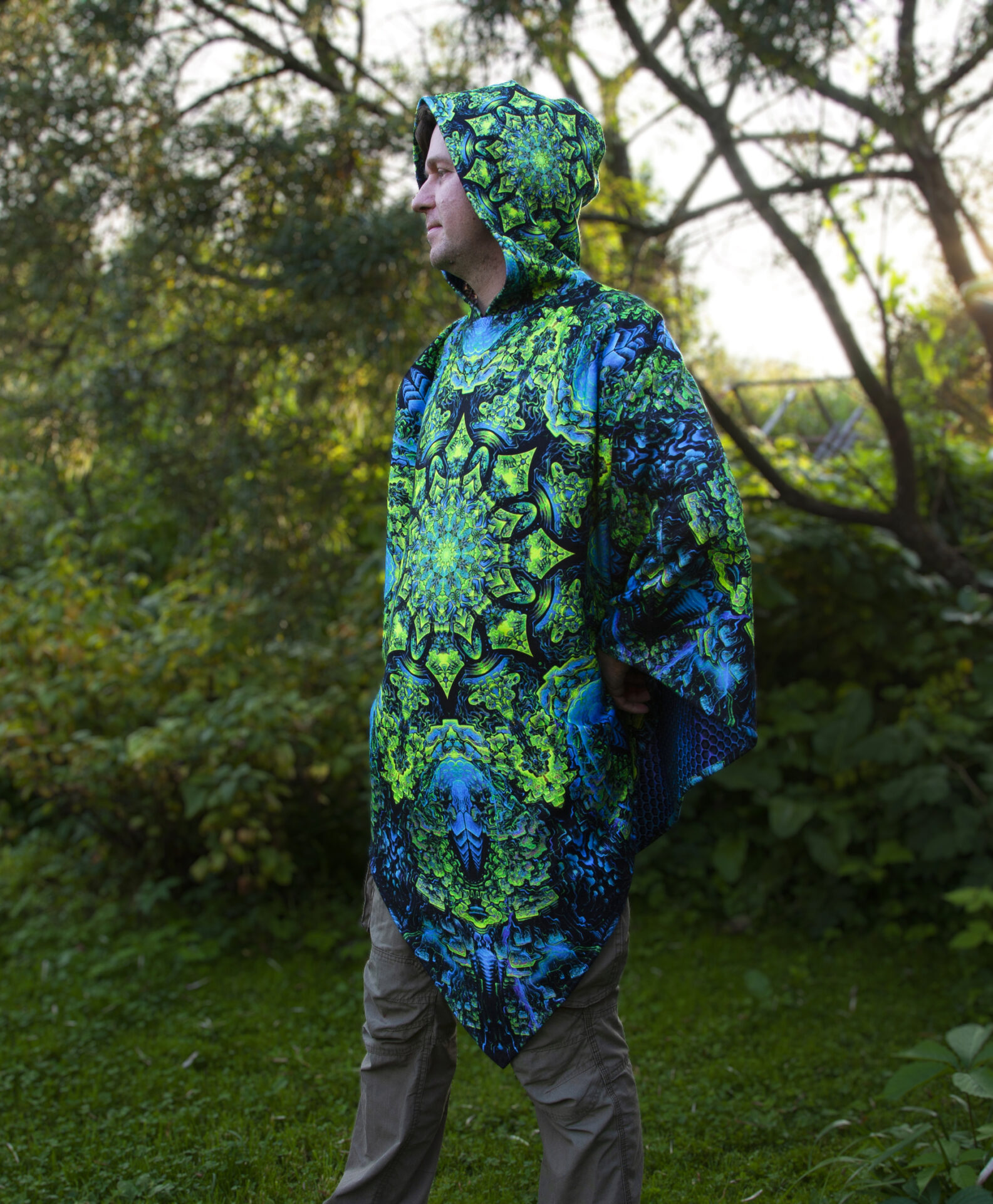 Psychedelic Rave Outfit Quantum Green, UV Festival Clothing, Full Print Poncho - Image 7